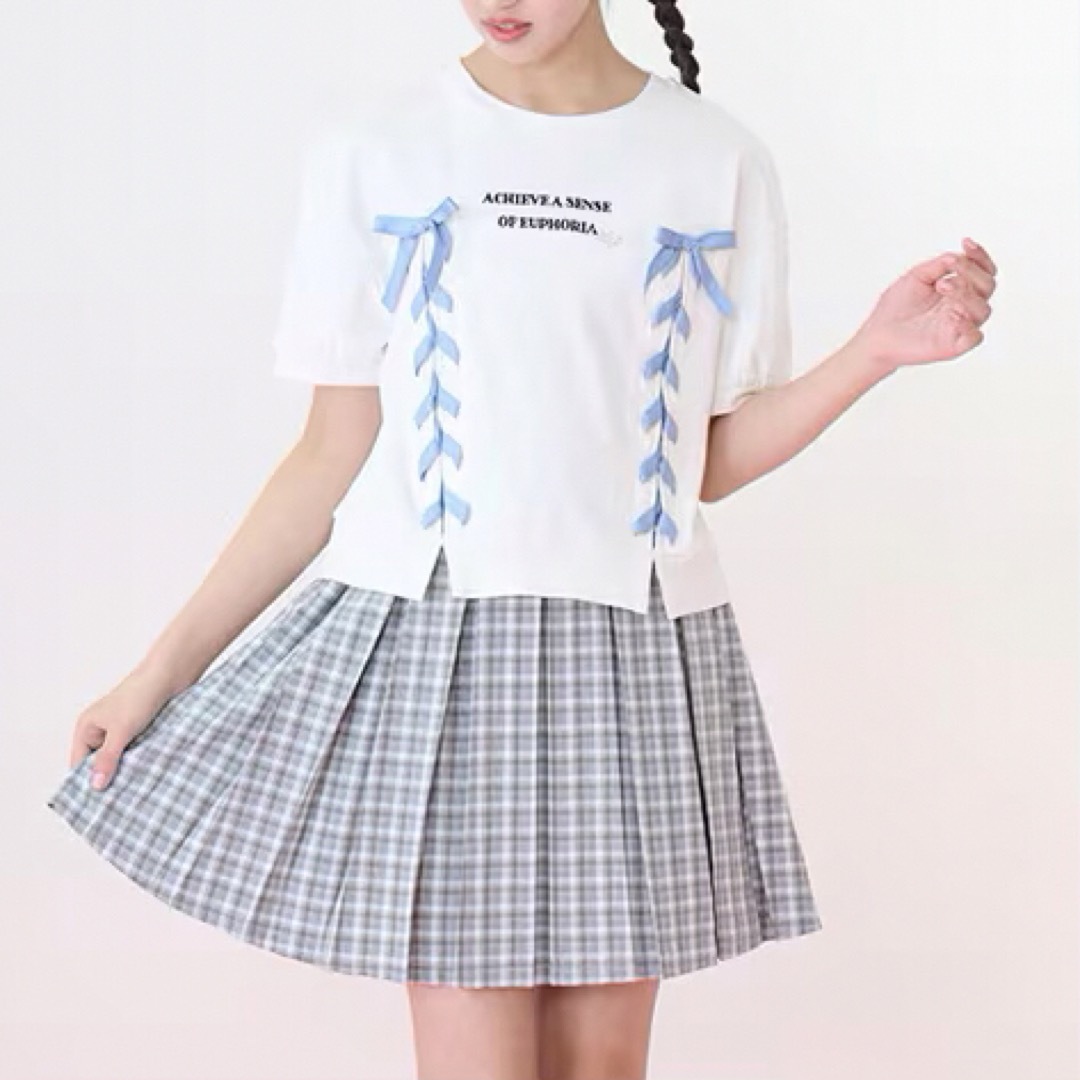 mezzo piano junior(メゾピアノジュニア)のメゾピアノ新品新作タグ付き袖パフレースアップTシャツ150 キッズ/ベビー/マタニティのキッズ服女の子用(90cm~)(Tシャツ/カットソー)の商品写真