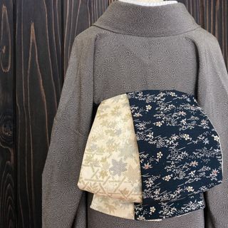 *紬お着物リメイク*紺地紬とベージュ紬　大人の兵児帯　半幅帯　長尺　ハンドメイド(帯)