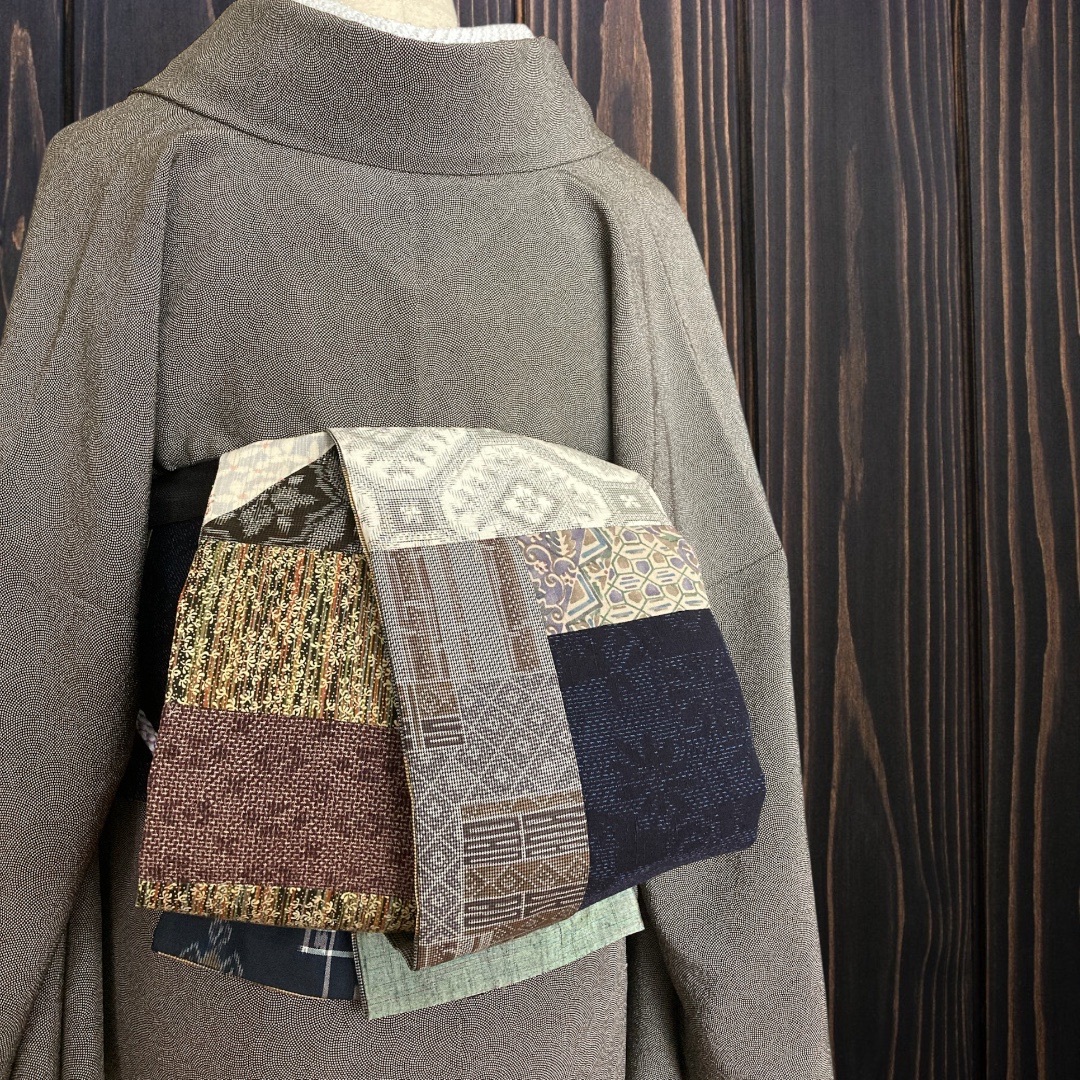 【限定品】 紬お着物リメイク 長尺 半幅帯 大人の兵児帯 パッチワーク*15 着物・浴衣