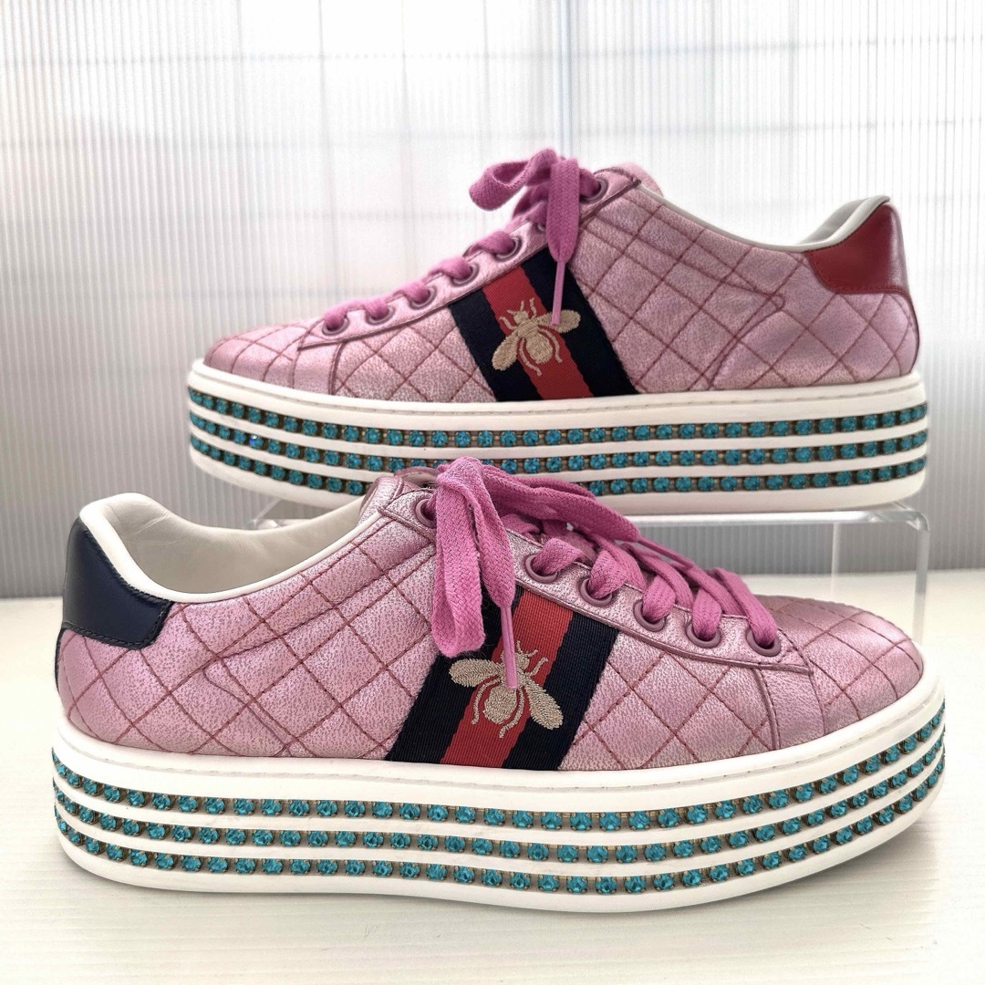 GUCCI - GUCCI グッチ エース クリスタル シェリーライン 厚底 GUCCI - GUCCI グッチ エース クリスタル シェリーライン 厚底