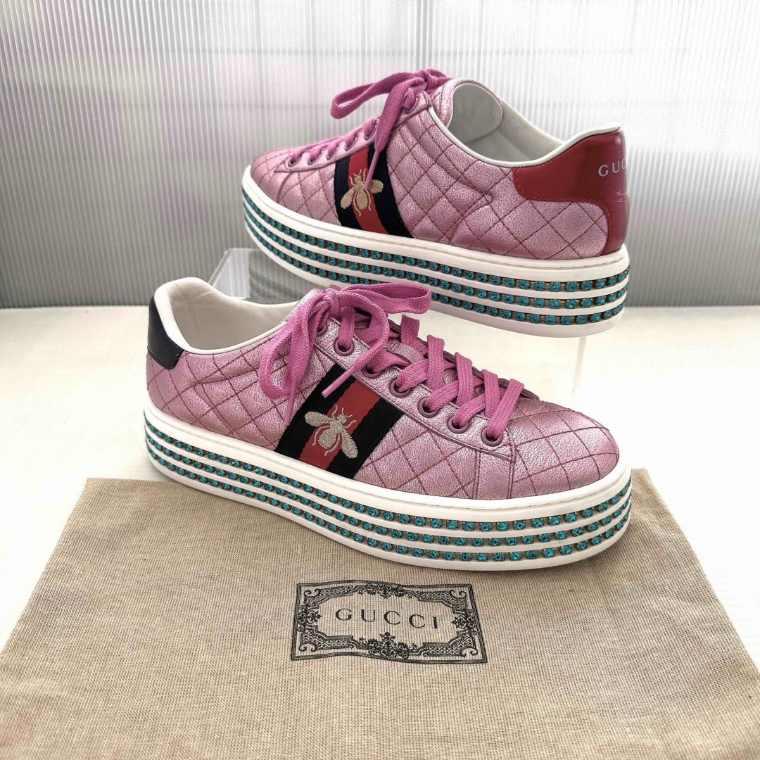 GUCCI - GUCCI グッチ エース クリスタル シェリーライン 厚底 GUCCI - GUCCI グッチ エース クリスタル シェリーライン 厚底