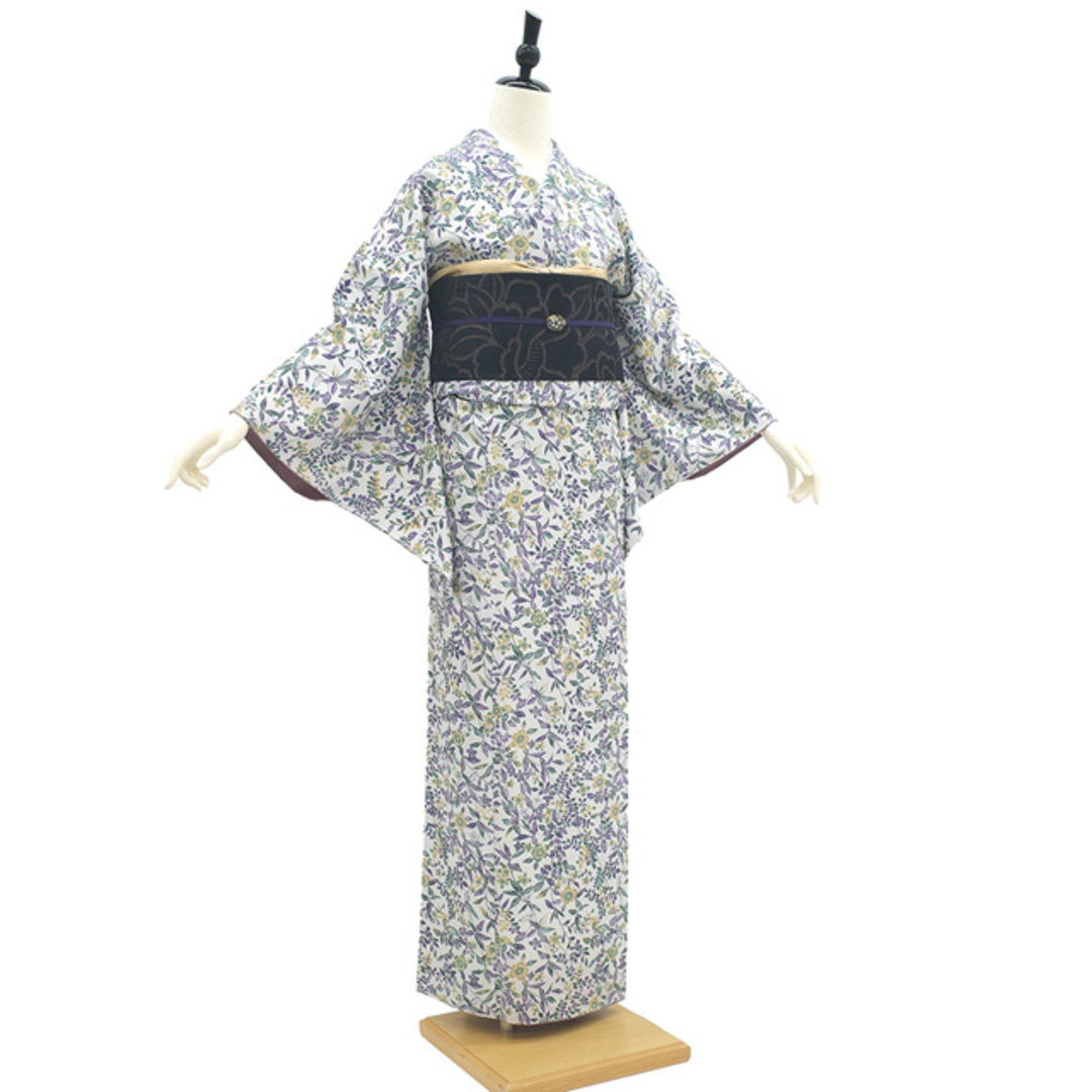 小紋 着物 未使用 正絹 型染め 白グレー 紫 緑 芥子色 草花 小紋 着物 未使用 正絹 型染め 白グレー 紫 緑 芥子色 草花