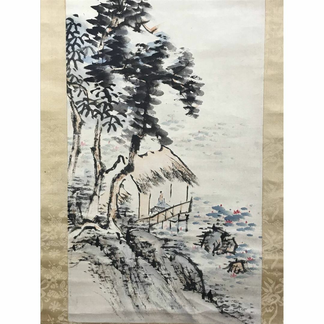 真作/中林竹渓/池亭観蓮図/山水人物図/山水図/人物図/掛軸☆宝船 真作/中林竹渓/池亭観蓮図/山水人物図/山水図/人物図/掛軸☆宝船