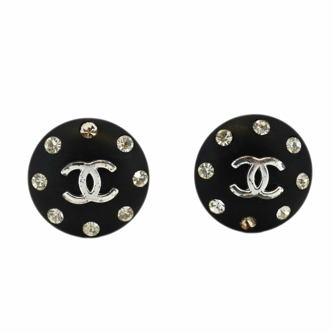 CHANEL - ★最終価格【5jdb0447】シャネル イヤリング ココマーク 丸型 サークル メタル ラインストーン シルバー ブラック【中古】レディース