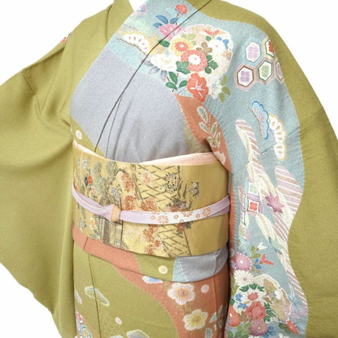 訪問着 着物 五色染め分け 金駒刺繍 金彩加工 裄69 TL 中古