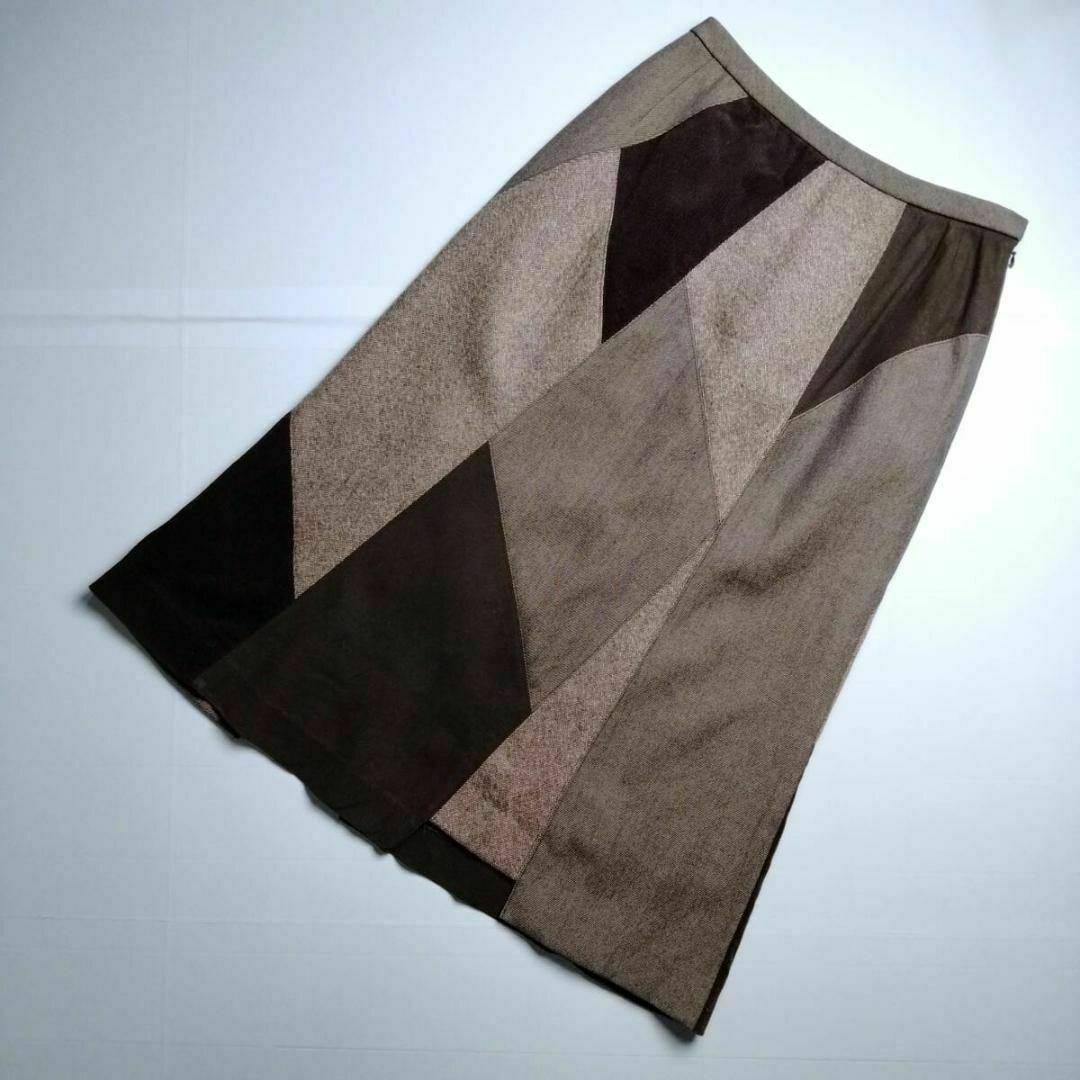 leilian - レリアン　Aラインスカート　ひざ丈　日本製　パッチワーク　コーデュロイ　茶　9