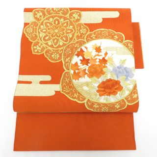 名古屋帯 本つづれ帯 朱地 金糸 華文紋様 お太鼓柄 正絹 桐箱入 名古屋帯 本つづれ帯 朱地 金糸 華文紋様 お太鼓柄 正絹 桐箱入