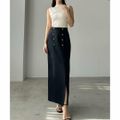 【ネイビー】【S】Louere ゴールドボタン前スリットペンシルスカート