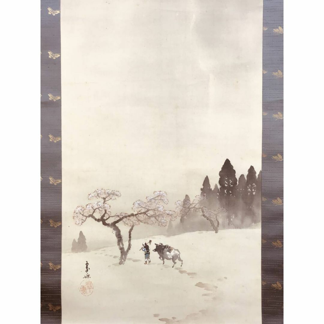 真作/長瀬翠塘/桜花帰農図/山水人物図/山水図/掛軸☆宝船☆AF 真作/長瀬翠塘/桜花帰農図/山水人物図/山水図/掛軸☆宝船☆AF