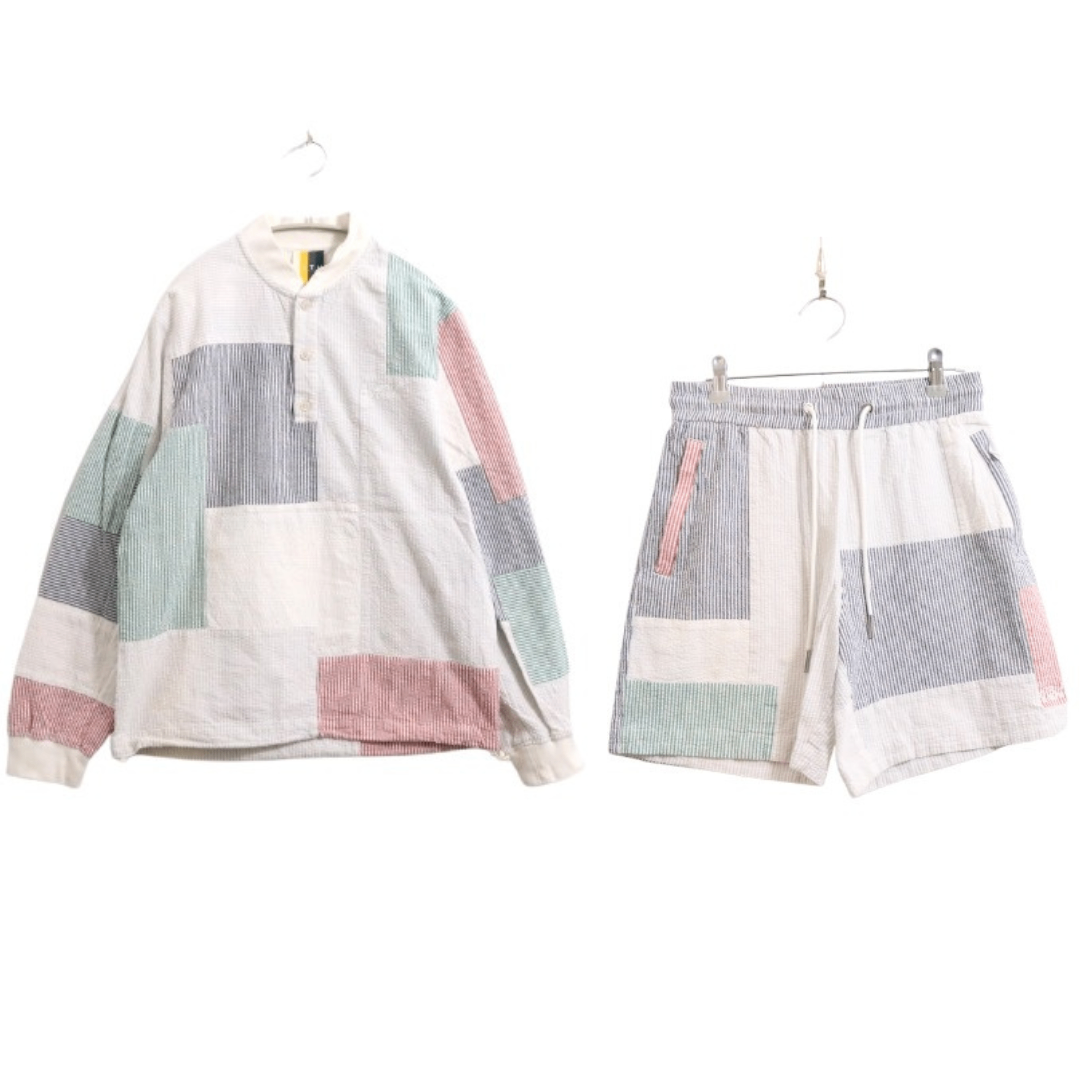 KITH - 【中古B】KITH キス S / S メンズ セットアップ プルオーバーシャツ ショートパンツ シアサッカー 白 グレー ピンク 中古B 古着