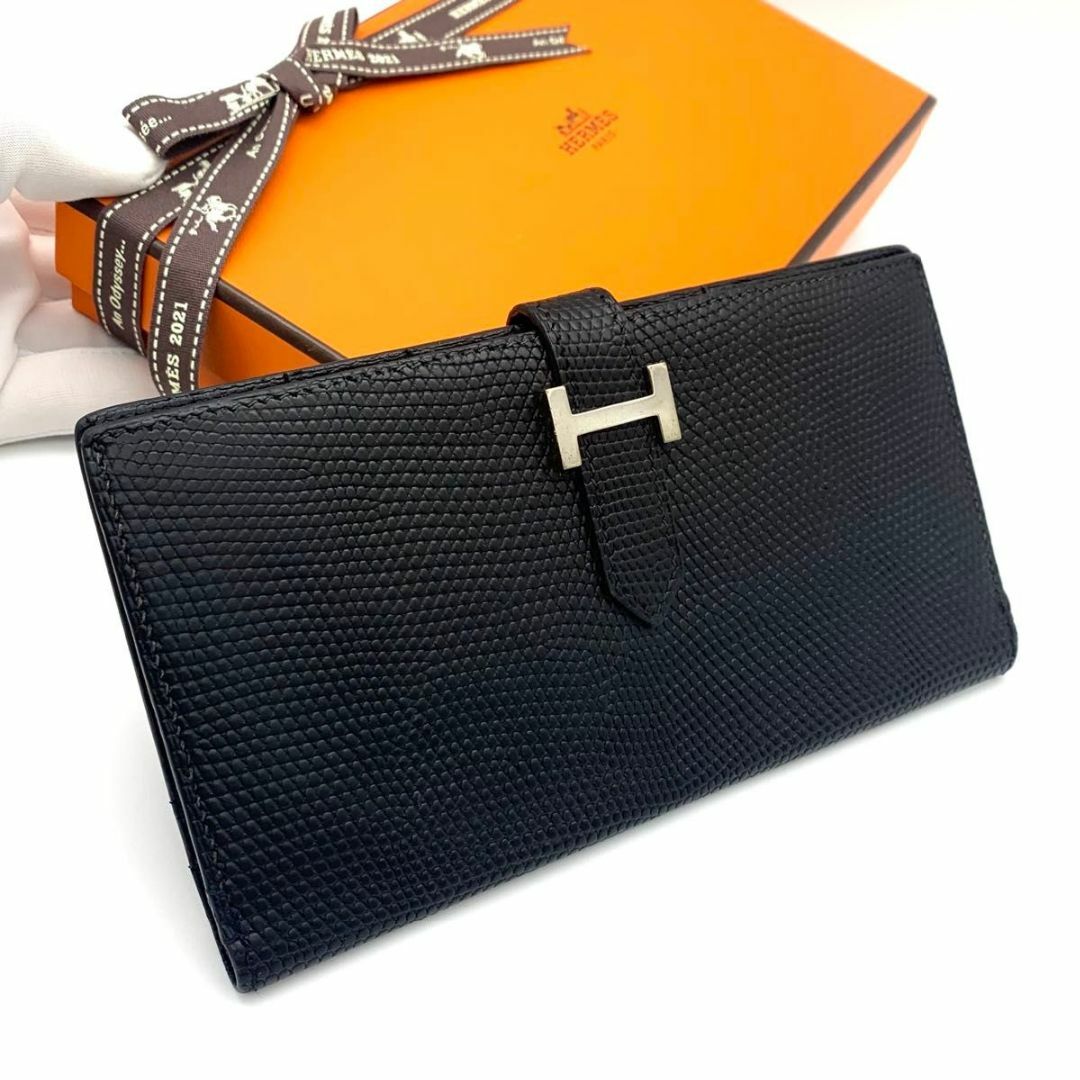 HERMES - エルメス ベアン リザード ブラック 二つ折り長財布 HERMES - エルメス ベアン リザード ブラック 二つ折り長財布