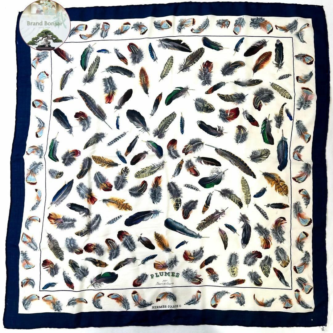 HERMES - エルメス　カレ90 PLUMES 羽根　カシミア　シルクスカーフ