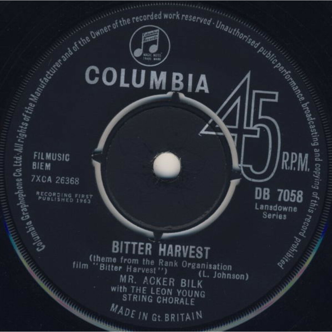 英7" Acker Bilk With The Leon Young String Chorale Bitter Harvest DB7058 Columbia /00080 エンタメ/ホビーのエンタメ その他(その他)の商品写真
