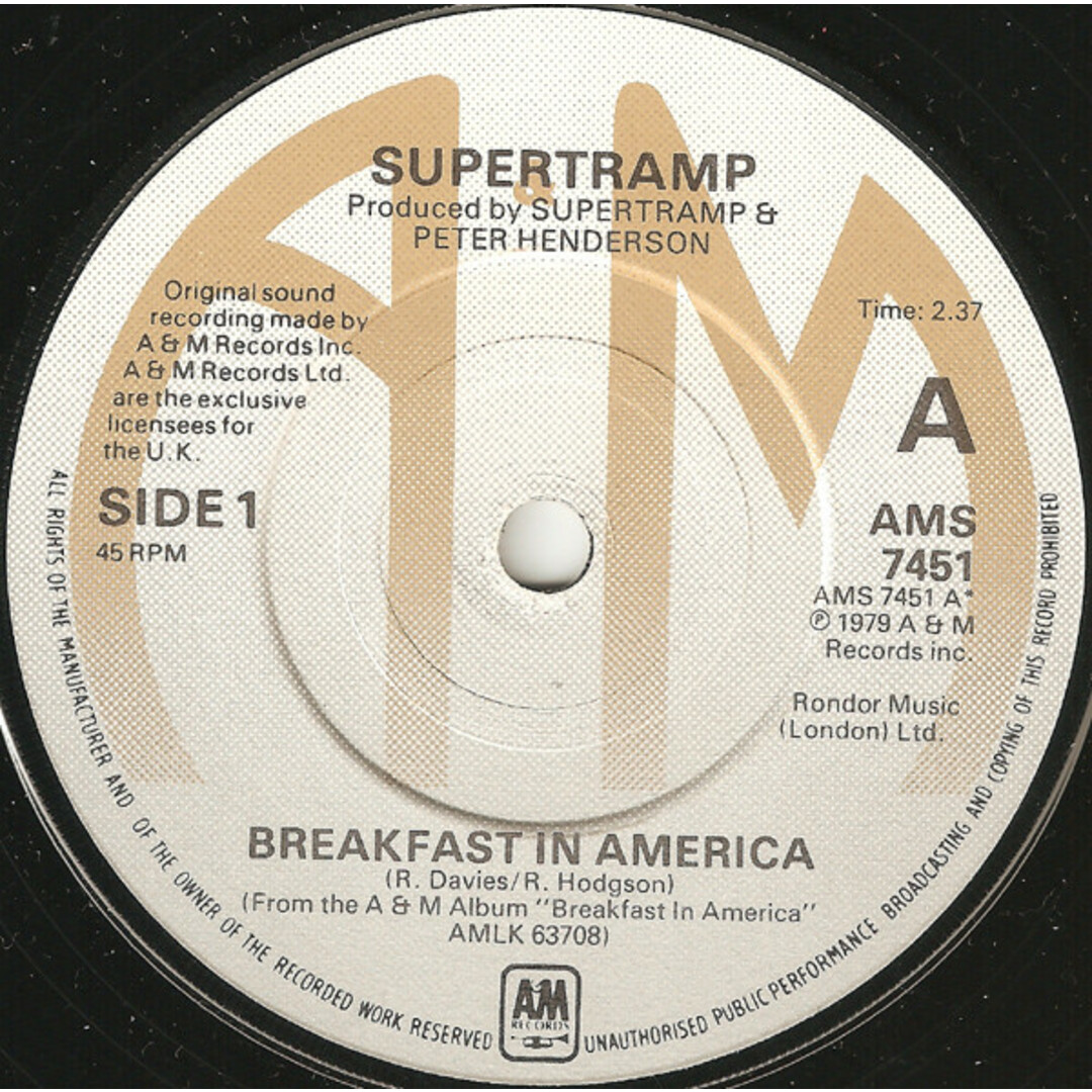 英7" Supertramp Breakfast In America AMS7451 A&M Records /00080 エンタメ/ホビーのエンタメ その他(その他)の商品写真