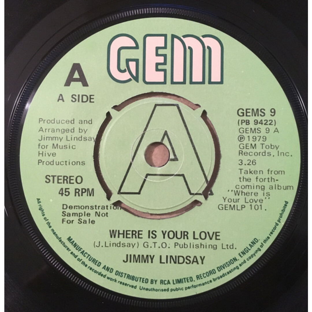 英7” Jimmy Lindsay Where Is Your Love / Daughters Of Babylon GEMS9PROMO GEM (2) /00080 エンタメ/ホビーのエンタメ その他(その他)の商品写真