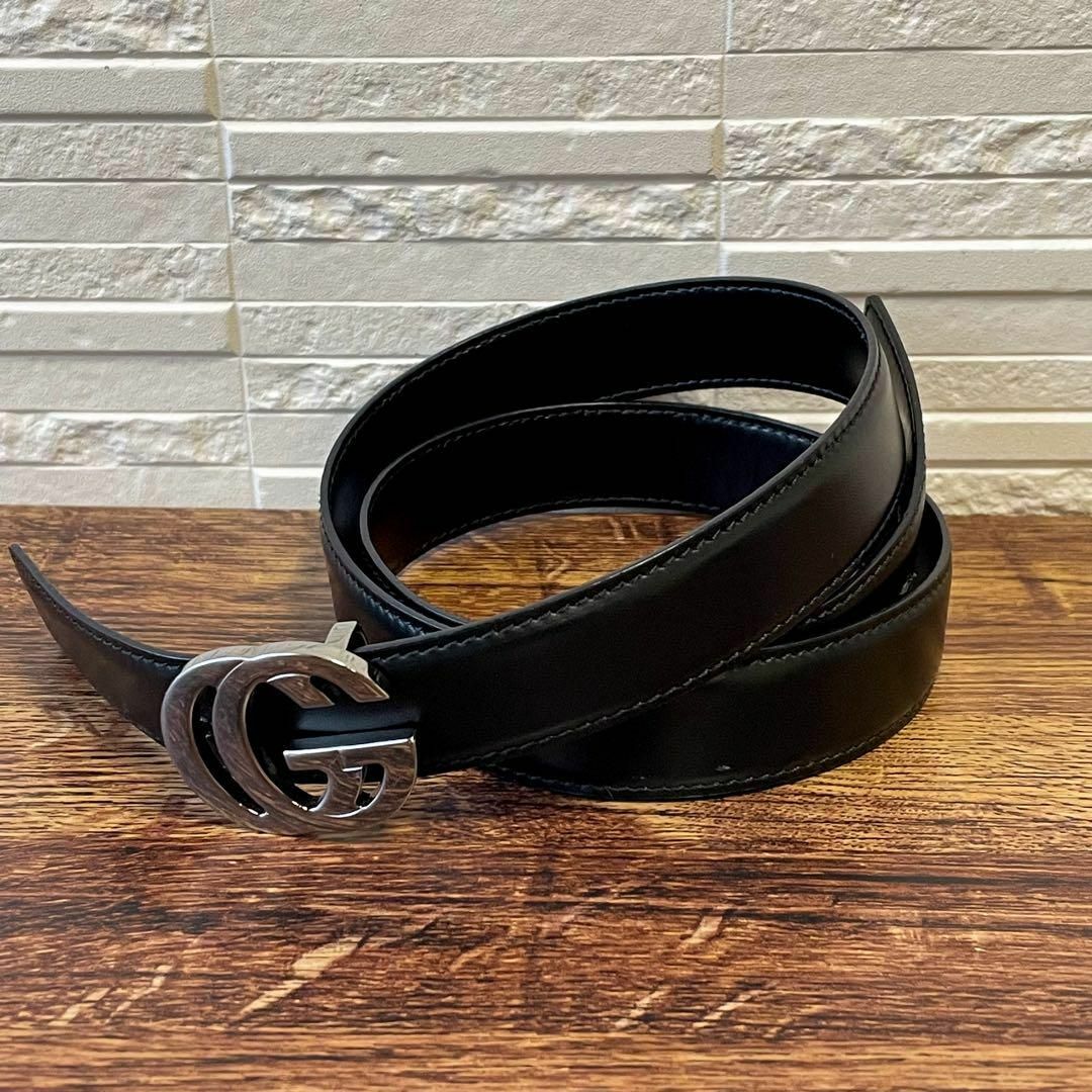 GUCCI - グッチ GG マーモント レザー ベルト 黒 シルバー 金具 GUCCI - グッチ GG マーモント レザー ベルト 黒 シルバー 金具