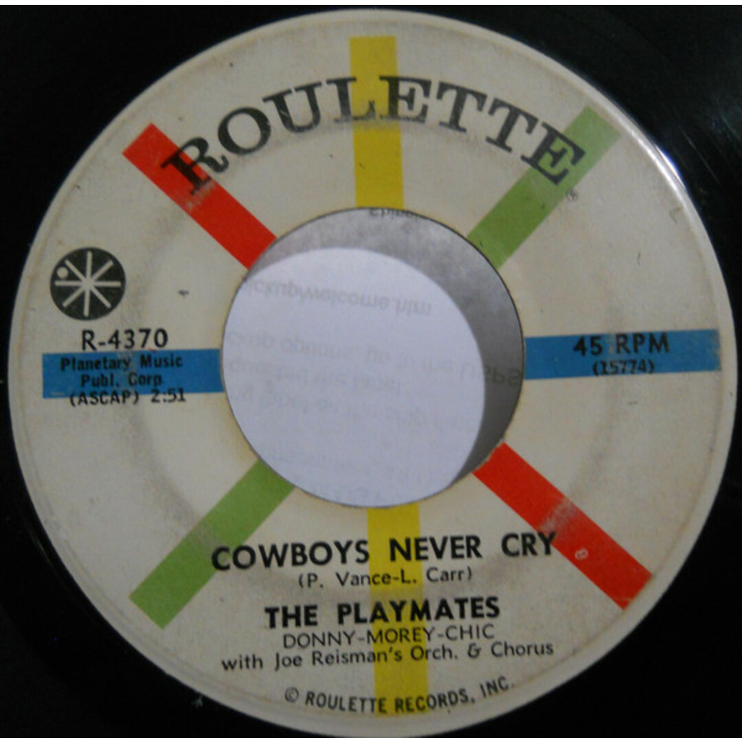 米7” Playmates, Joe Reisman & His O Cowboys Never Cry / Tell Me What She Said R4370 Roulette /00080 エンタメ/ホビーのエンタメ その他(その他)の商品写真