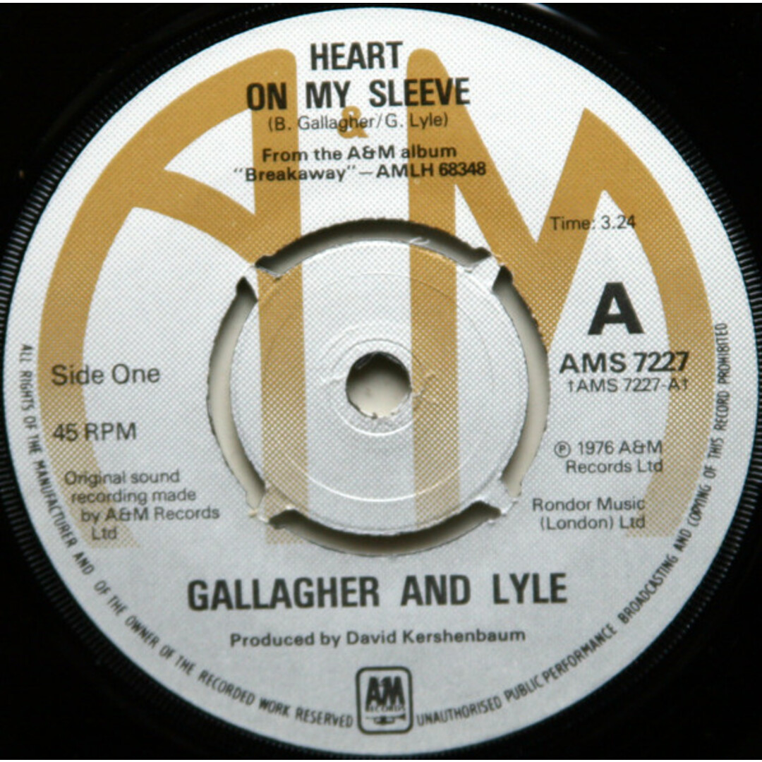 英7” Gallagher & Lyle Heart On My Sleeve AMS7227 A&M Records /00080 エンタメ/ホビーのエンタメ その他(その他)の商品写真