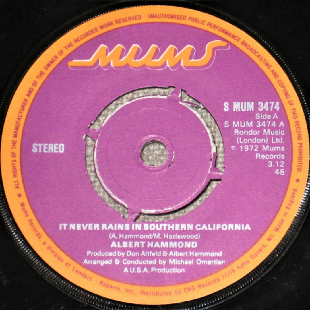 英7” Albert Hammond It Never Rains In Southern California SMUM3474 Mums Records /00080 エンタメ/ホビーのエンタメ その他(その他)の商品写真