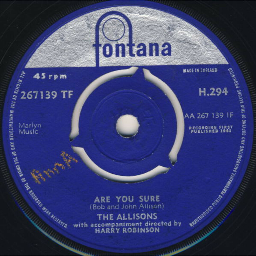 英7” Allisons Are You Sure H294 FONTANA /00080 エンタメ/ホビーのエンタメ その他(その他)の商品写真