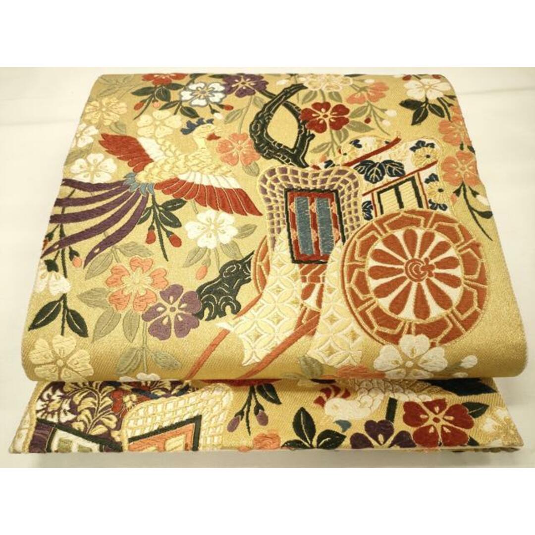 平和屋着物◎六通柄袋帯 唐織 御所車花鳥文 金糸 正絹 逸品 平和屋着物◎六通柄袋帯 唐織 御所車花鳥文 金糸 正絹 逸品