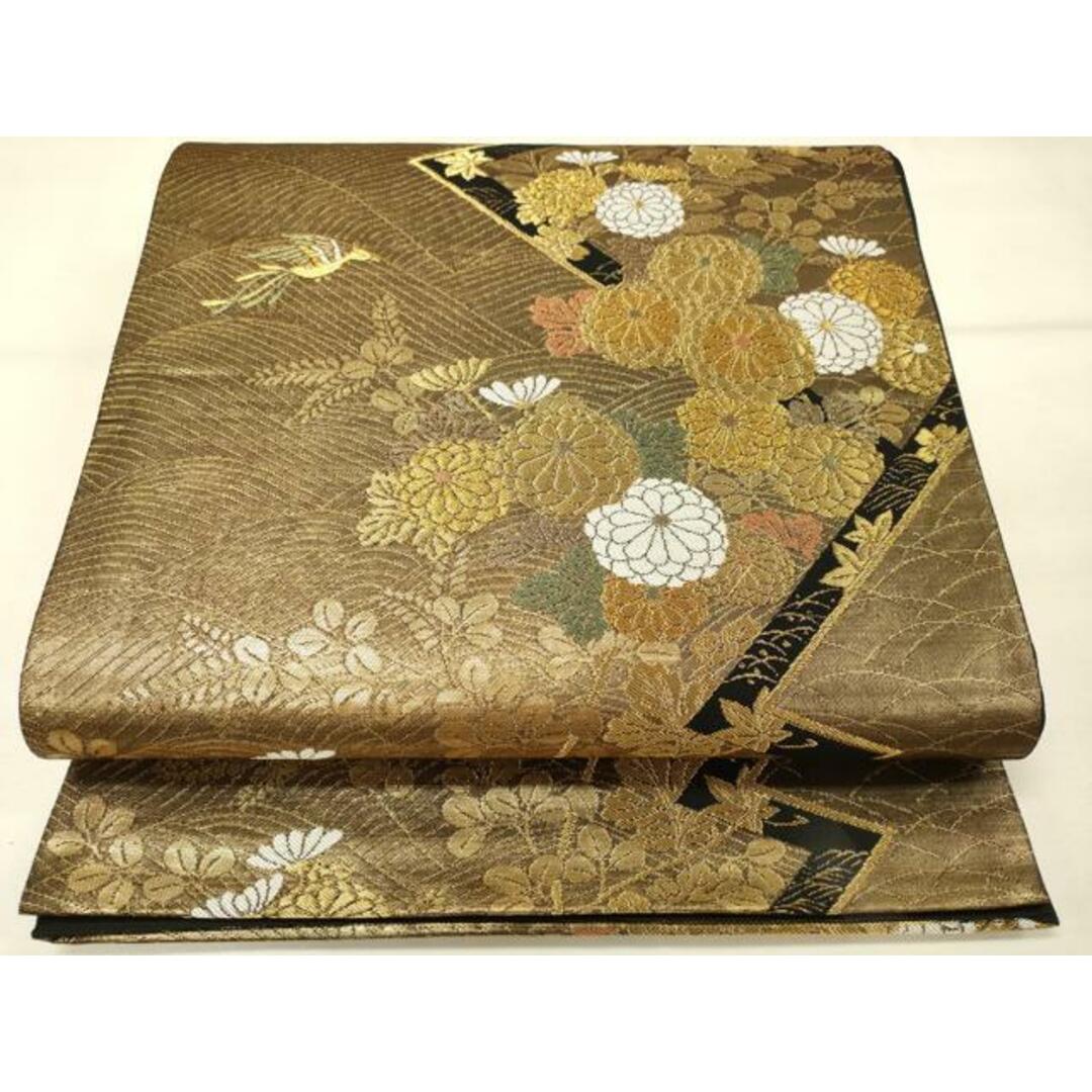 平和屋着物◎六通柄袋帯 流水花鳥文 黒地 金糸 引箔 正絹 逸品