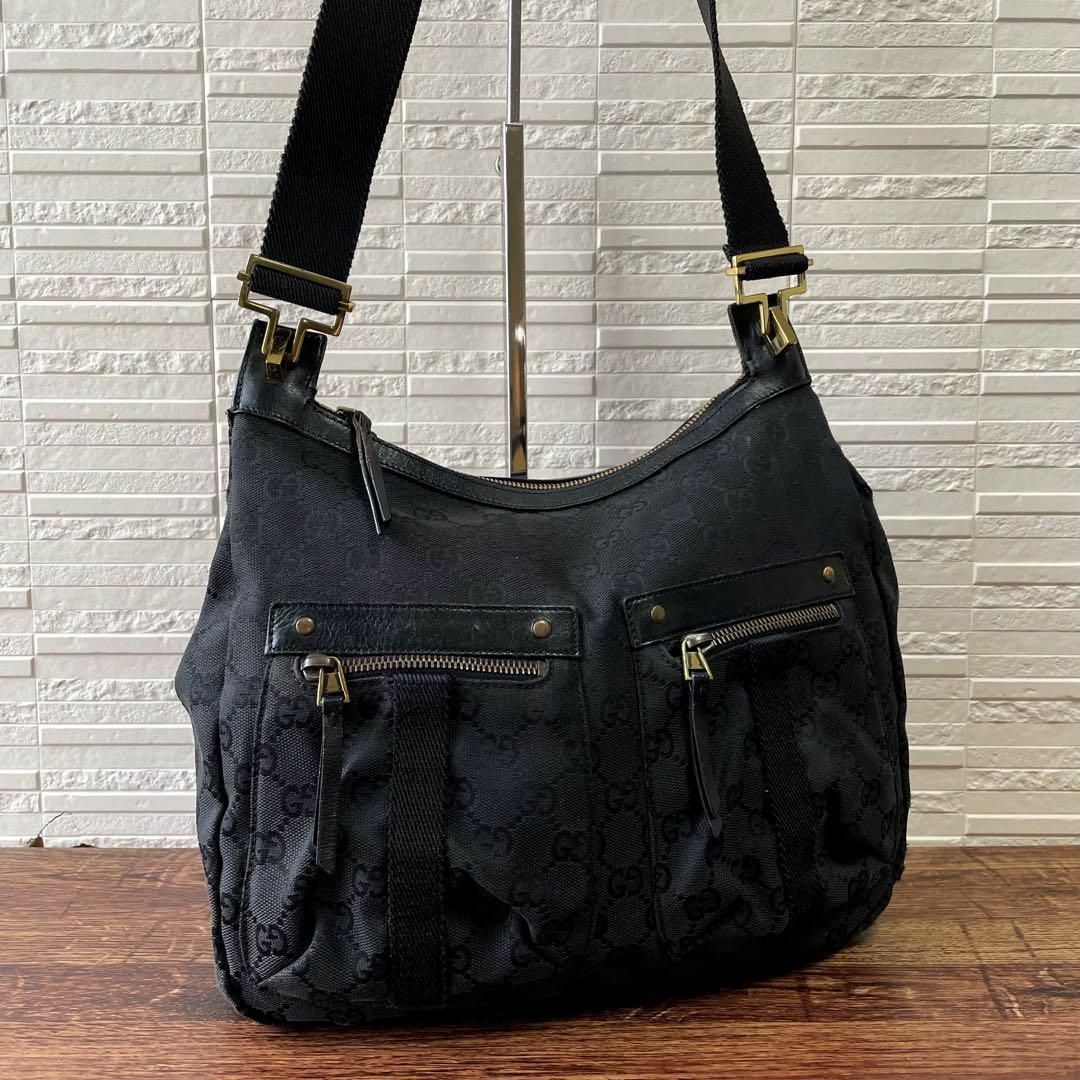 GUCCI - グッチ GGキャンバス レザー GG ショルダー バッグ 黒 GUCCI - グッチ GGキャンバス レザー GG ショルダー バッグ 黒
