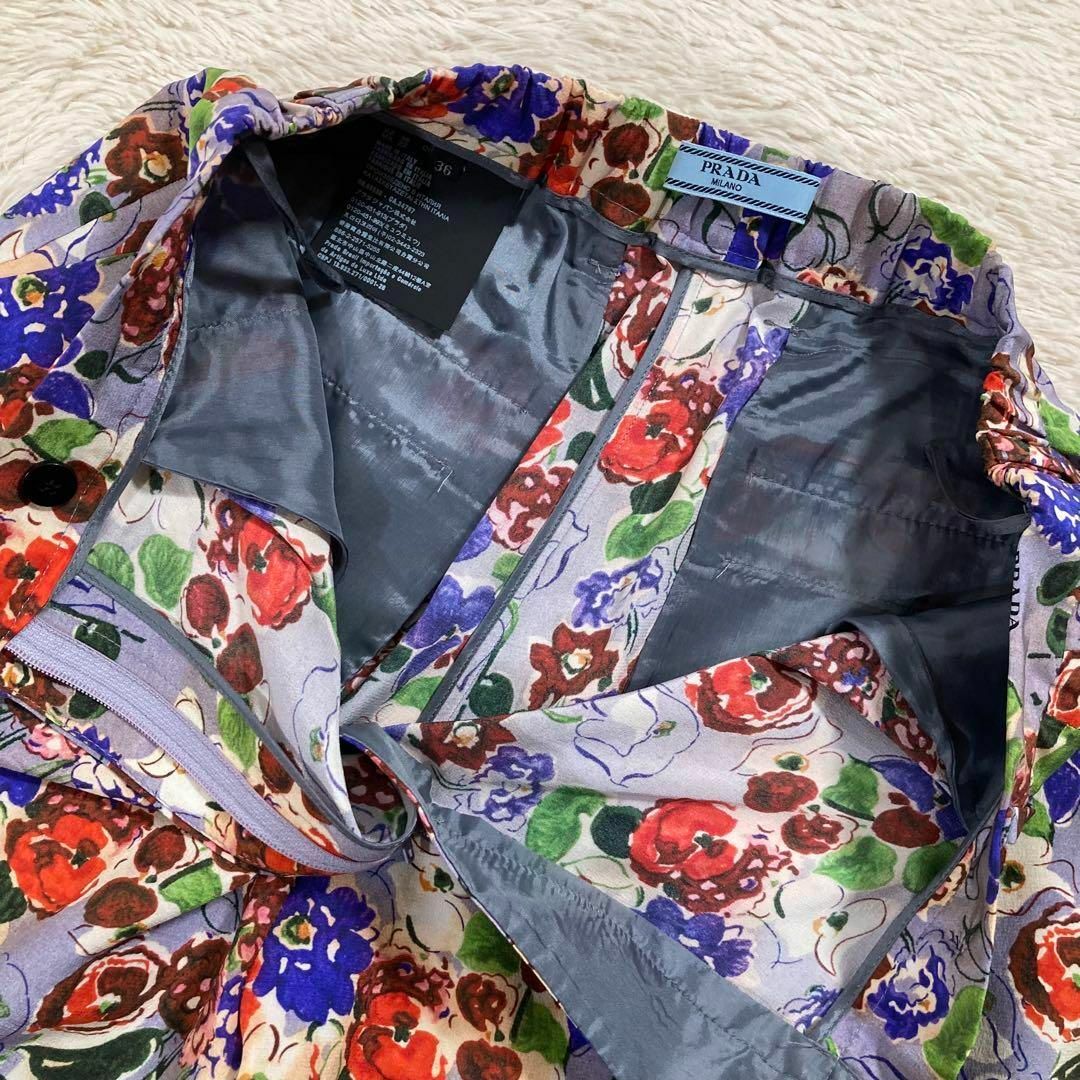 美品 PRADA プラダ フラワー 花柄 パンツ 44 ブルー 1129