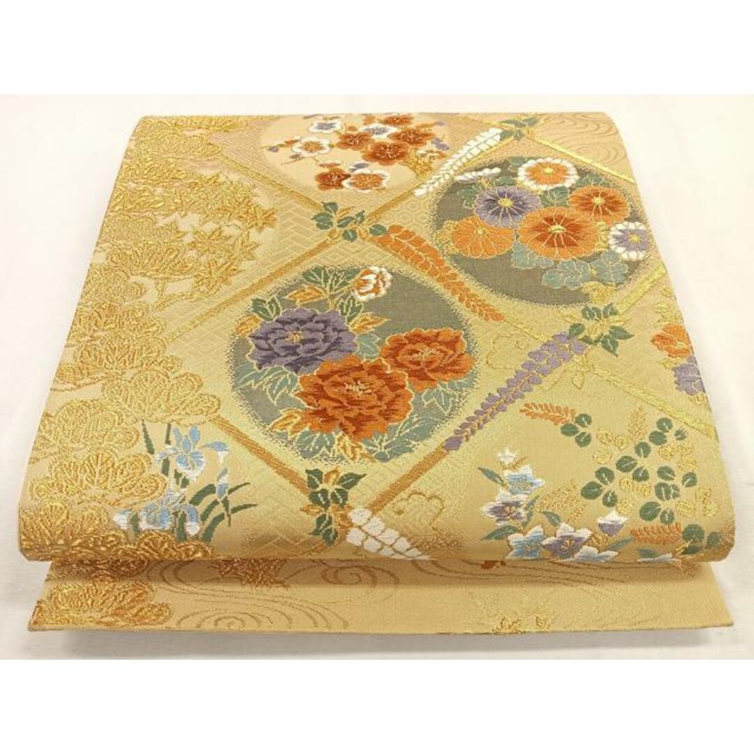 平和屋着物◎六通柄袋帯 菱天井草花丸文 金糸 正絹 逸品 平和屋着物◎六通柄袋帯 菱天井草花丸文 金糸 正絹 逸品