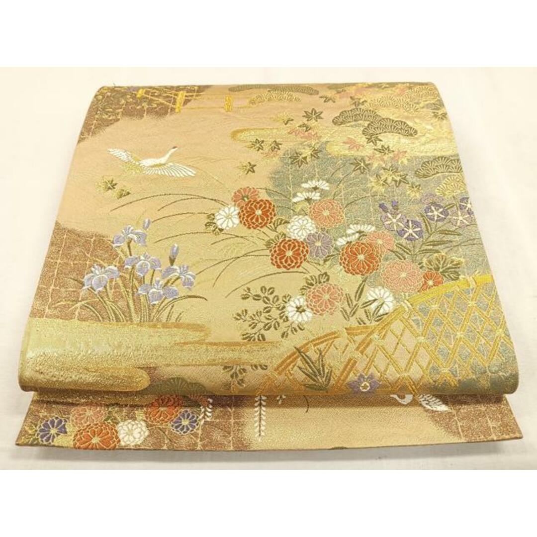 平和屋着物◎六通柄袋帯 飛鶴花籬文 金糸 正絹 逸品 CAAO3523ua 平和屋着物◎六通柄袋帯 飛鶴花籬文 金糸 正絹 逸品 CAAO3523ua