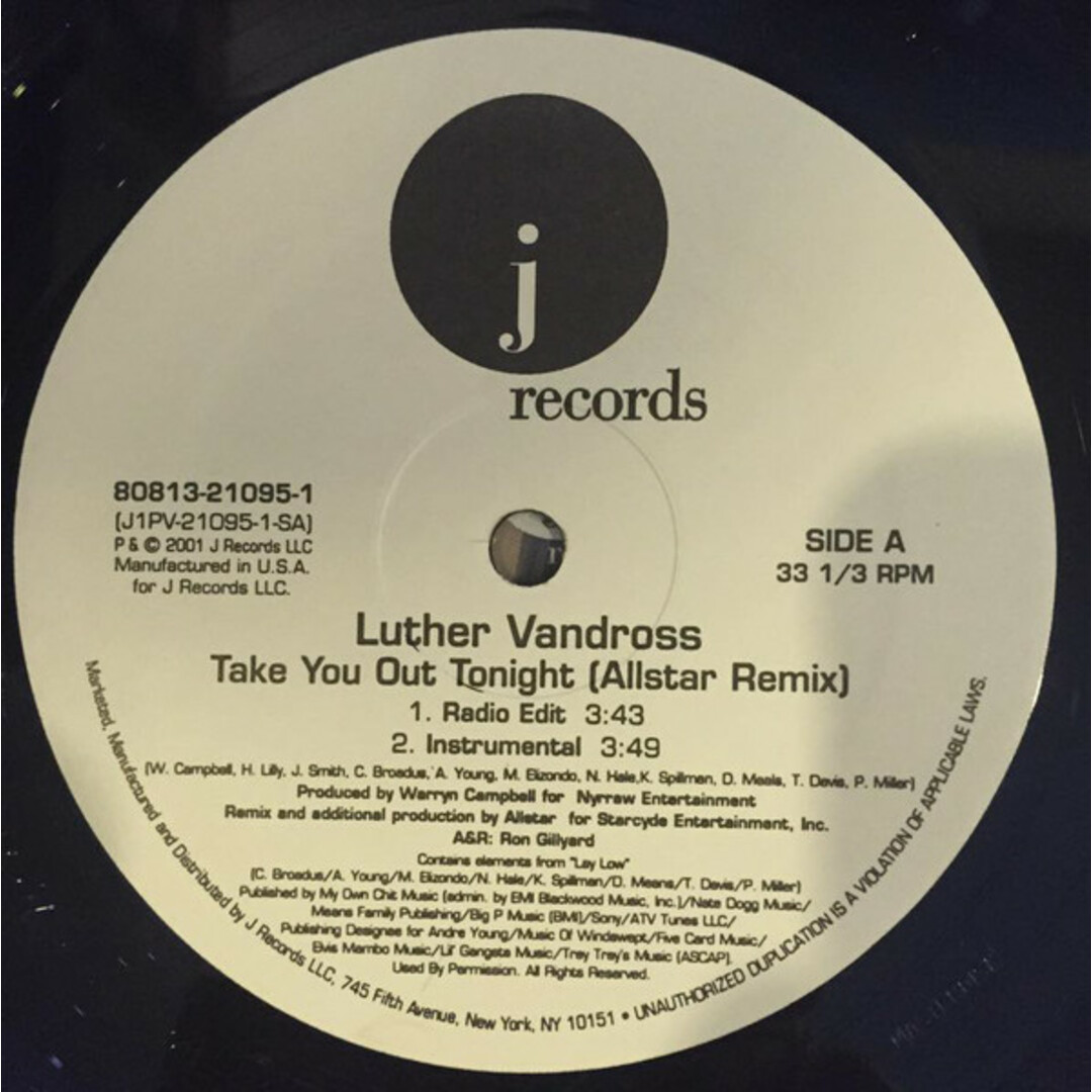 米12” Luther Vandross Take You Out Tonight (Allstar Remix) 80813210951 J Records /00250 エンタメ/ホビーのエンタメ その他(その他)の商品写真