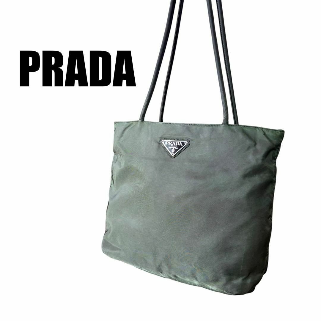 PRADA - PRADA プラダ トートバッグ 三角ロゴ カーキ ユニ PRADA - PRADA プラダ トートバッグ 三角ロゴ カーキ ユニ