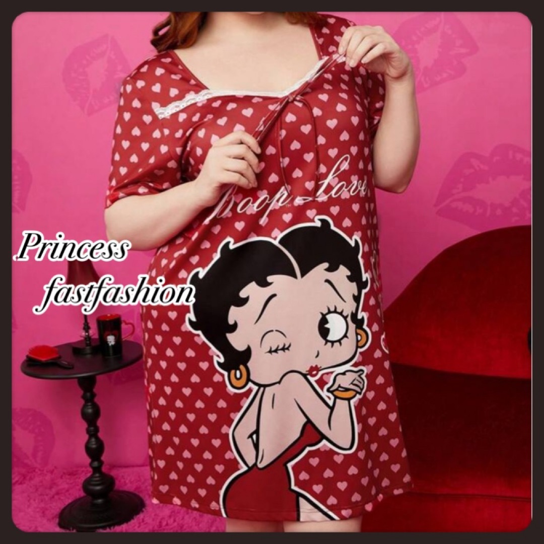Betty Boop(ベティブープ)の【3L／レッド】ベティちゃん ストレッチ ルームウェア ワンピース 大きいサイズ レディースのルームウェア/パジャマ(ルームウェア)の商品写真