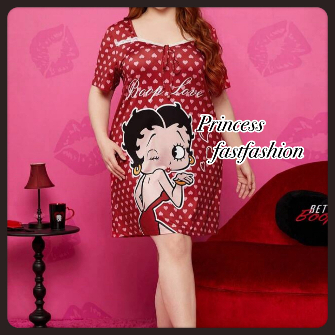 Betty Boop(ベティブープ)の【3L／レッド】ベティちゃん ストレッチ ルームウェア ワンピース 大きいサイズ レディースのルームウェア/パジャマ(ルームウェア)の商品写真