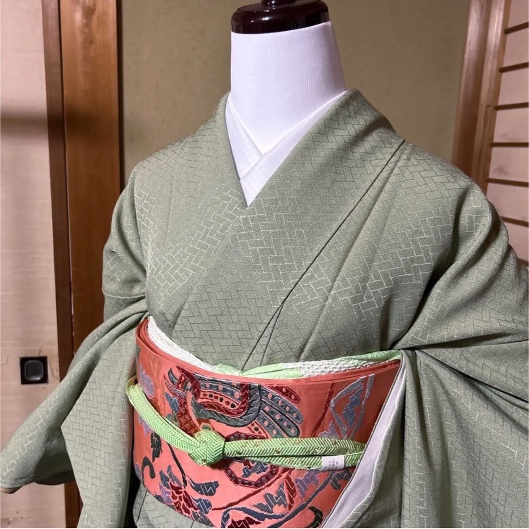 正絹紋付地紋色無地フルセット4点 新品着物+特選帯+新品帯締め+ 正絹紋付地紋色無地フルセット4点 新品着物+特選帯+新品帯締め+