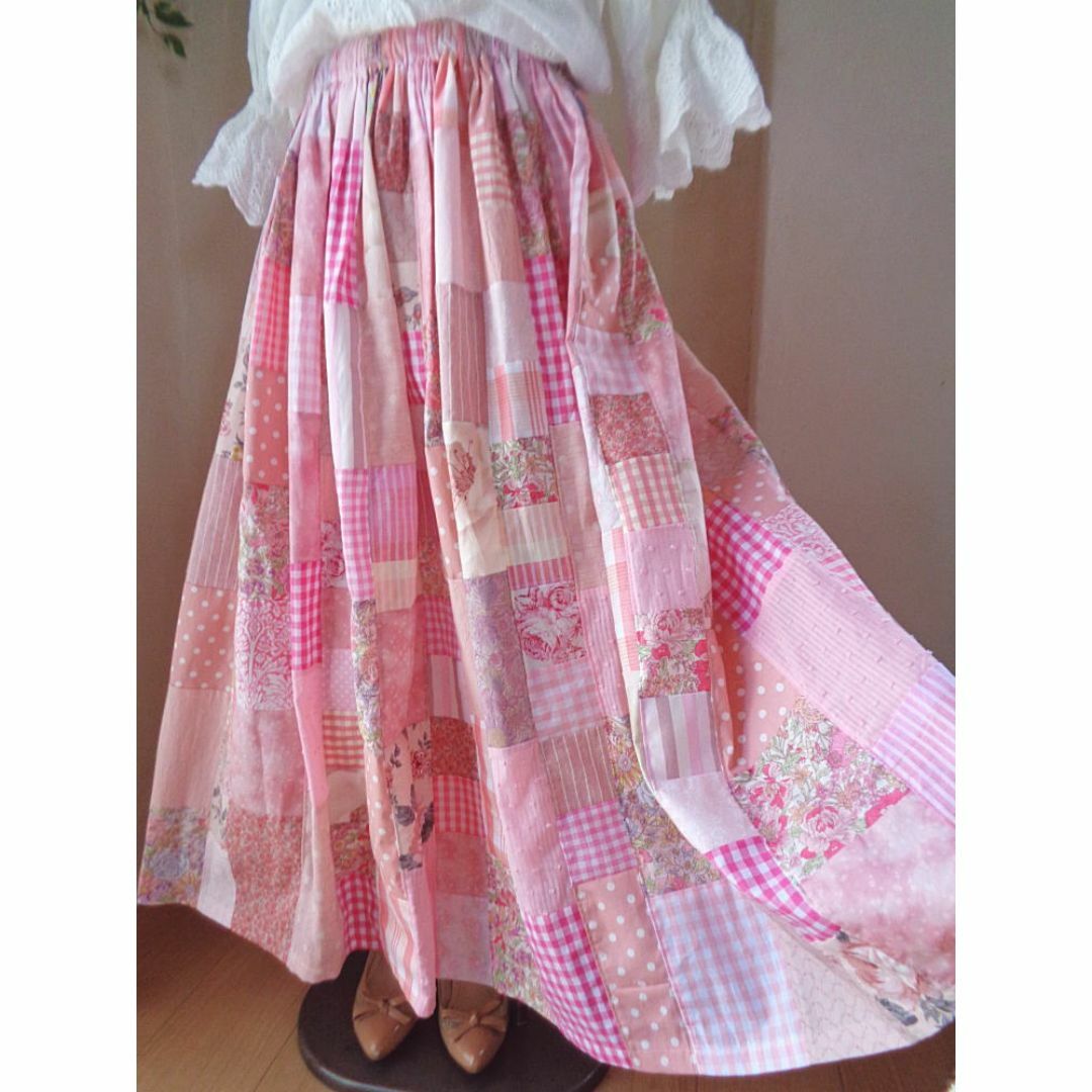 絵画なパッチワーク♥pink♥ロングマキシ丈♥ボリュームギャザー 絵画なパッチワーク♥pink♥ロングマキシ丈♥ボリュームギャザー