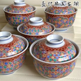 九谷焼 古九谷 八郎手赤絵金彩 山水人物文 小皿 5客 V R4075の 九谷焼 古九谷 八郎手赤絵金彩 山水人物文 小皿 5客 V R4075の