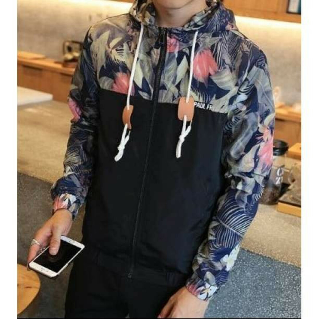 マウンテンパーカー ボタニカル柄 ウインドブレーカー 黒 M L XL マウンテンパーカー ボタニカル柄 ウインドブレーカー 黒 M L XL