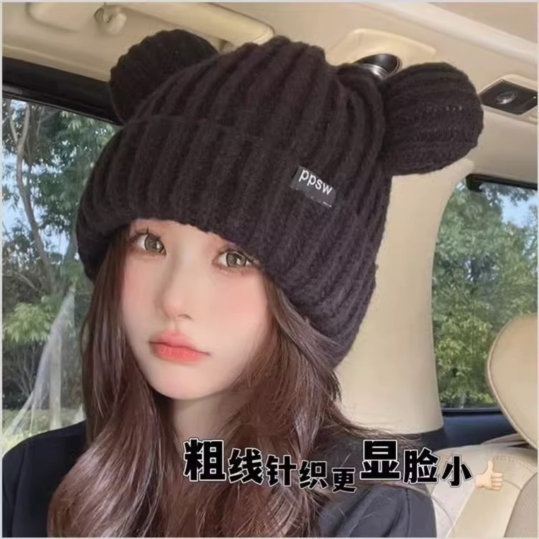 レア】ブラック くま耳 ニット 帽子 レディース 秋 冬 小顔効果 レア】ブラック くま耳 ニット 帽子 レディース 秋 冬 小顔効果