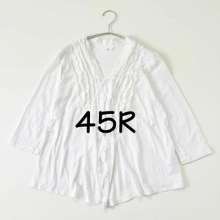 45R - 45R インディゴ染 長袖ブラウス R刺繍 花総柄 リボン 45R - 45R インディゴ染 長袖ブラウス R刺繍 花総柄 リボン