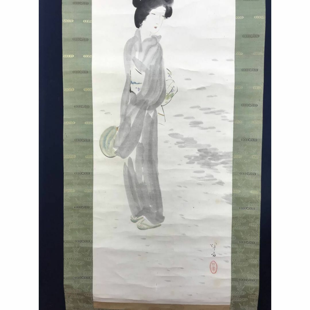 真作/池田輝方/美人画/夕涼み図/人物図/掛軸☆宝船☆AI-801の 真作/池田輝方/美人画/夕涼み図/人物図/掛軸☆宝船☆AI-801の