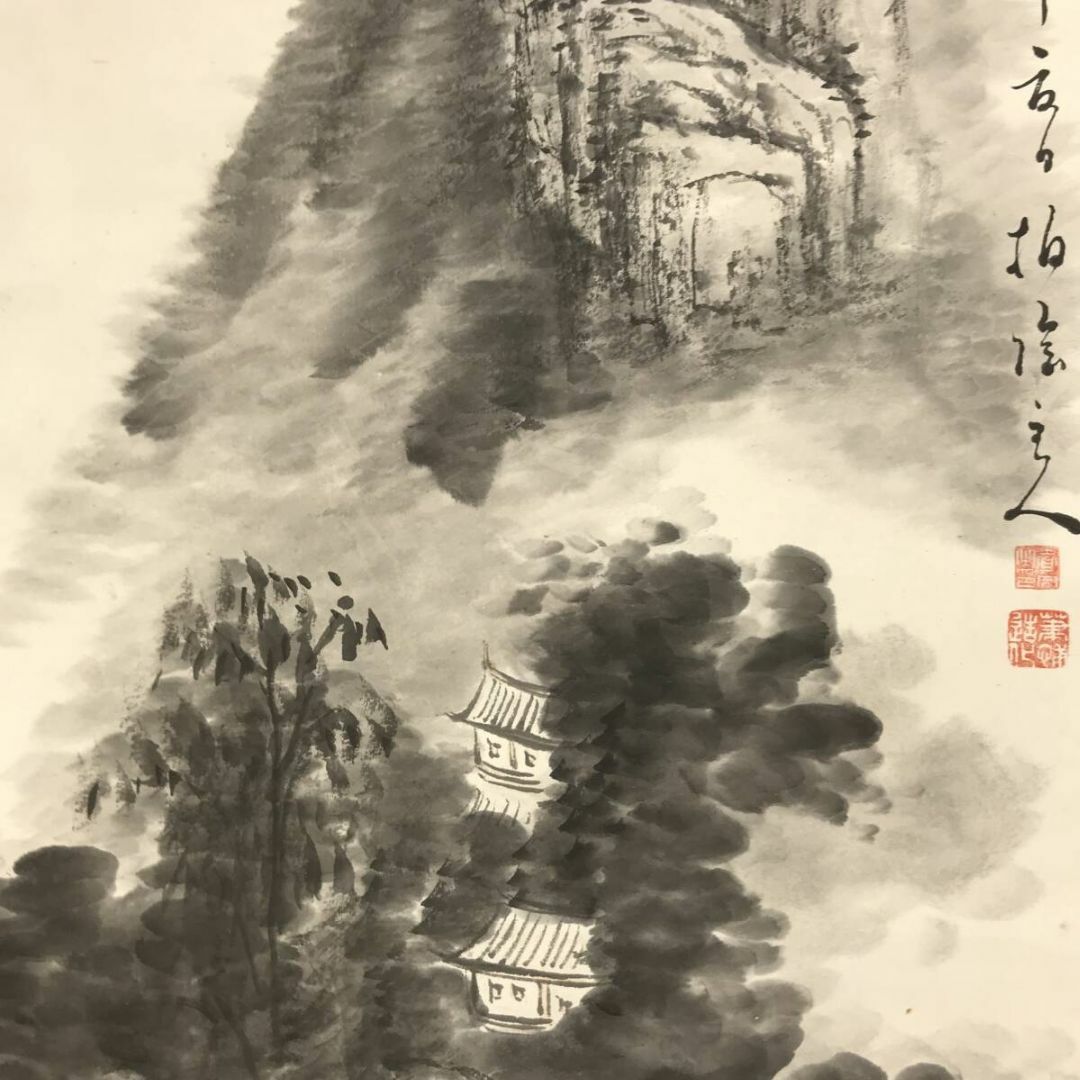 真作/田中柏陰/夏山山水図/山水図/雨後晩鐘/掛軸☆宝船☆AI-805 真作/田中柏陰/夏山山水図/山水図/雨後晩鐘/掛軸☆宝船☆AI-805