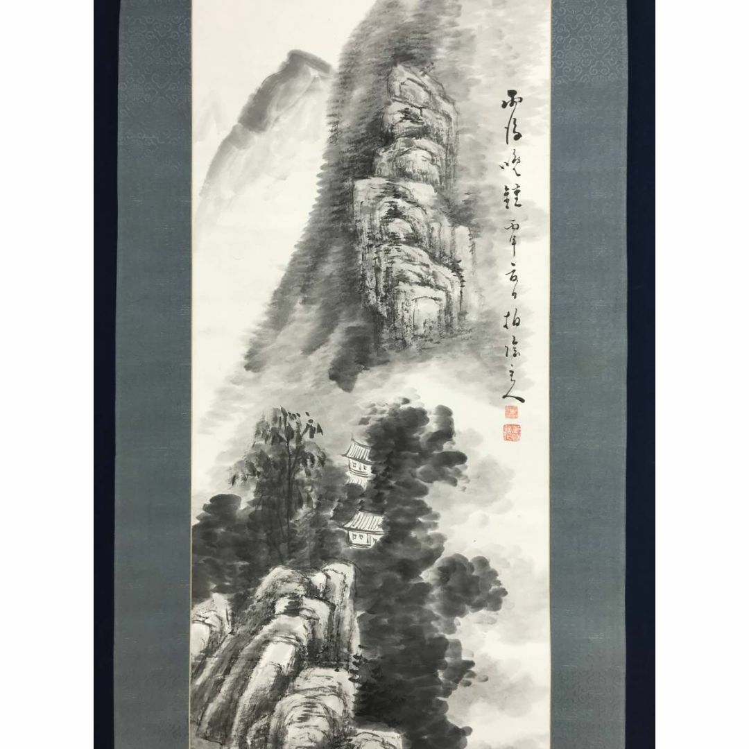 真作/田中柏陰/夏山山水図/山水図/雨後晩鐘/掛軸☆宝船☆AI-805 真作/田中柏陰/夏山山水図/山水図/雨後晩鐘/掛軸☆宝船☆AI-805