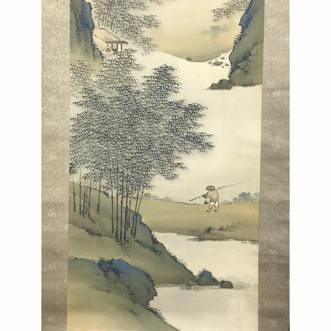 真作/春木南汀/月下帰漁図/竹林山水/釣人図/掛軸☆宝船☆AI-810 真作/春木南汀/月下帰漁図/竹林山水/釣人図/掛軸☆宝船☆AI-810