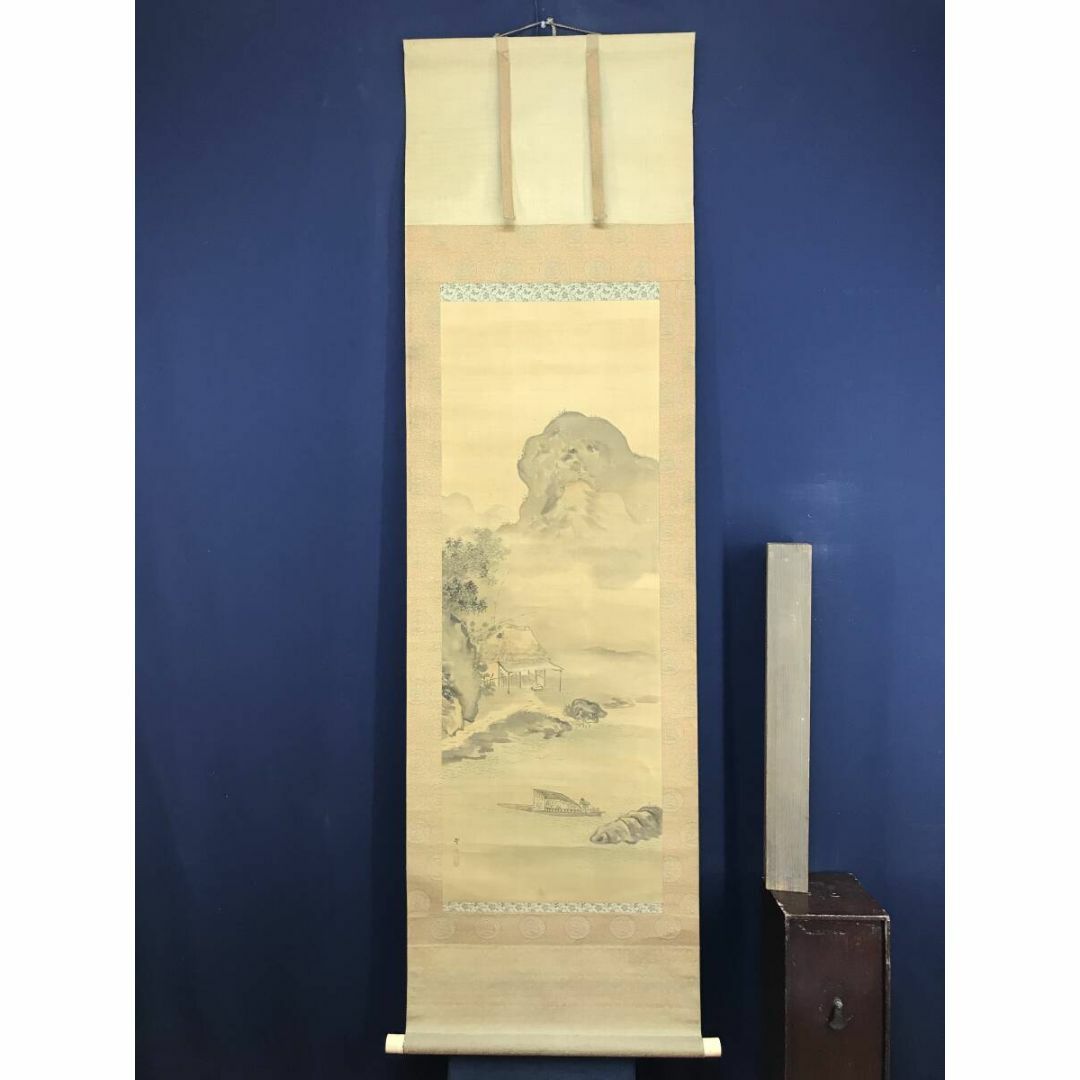真作/岡本豊彦/山水人物図/山水図/舟人物図/掛軸☆宝船☆AF-832 真作/岡本豊彦/山水人物図/山水図/舟人物図/掛軸☆宝船☆AF-832