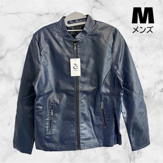 革ジャン メンズ (PUレザー) ライダースジャケット シングル ネイビー(ライダースジャケット)