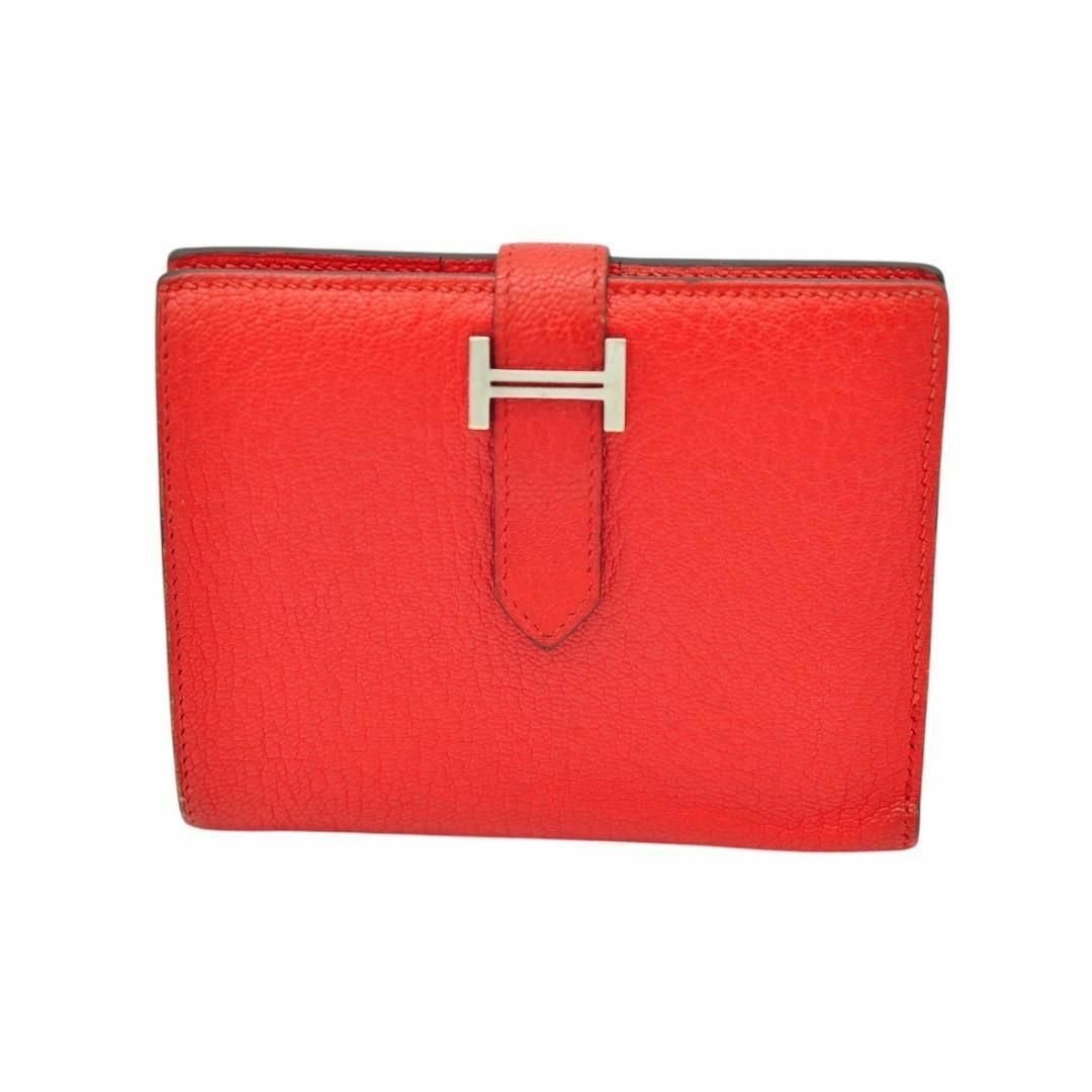 HERMES - HERMES 極美品 ベアン コンパクト シェーブル レッド HERMES - HERMES 極美品 ベアン コンパクト シェーブル レッド