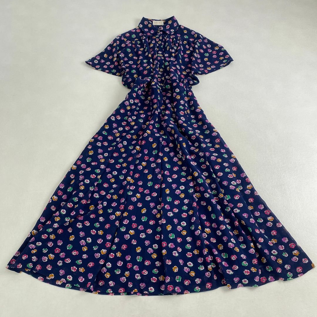 VINTAGE - 美品　ヴィンテージ　ワンピース　半袖　シアー　シースルー　プリーツ　小花柄