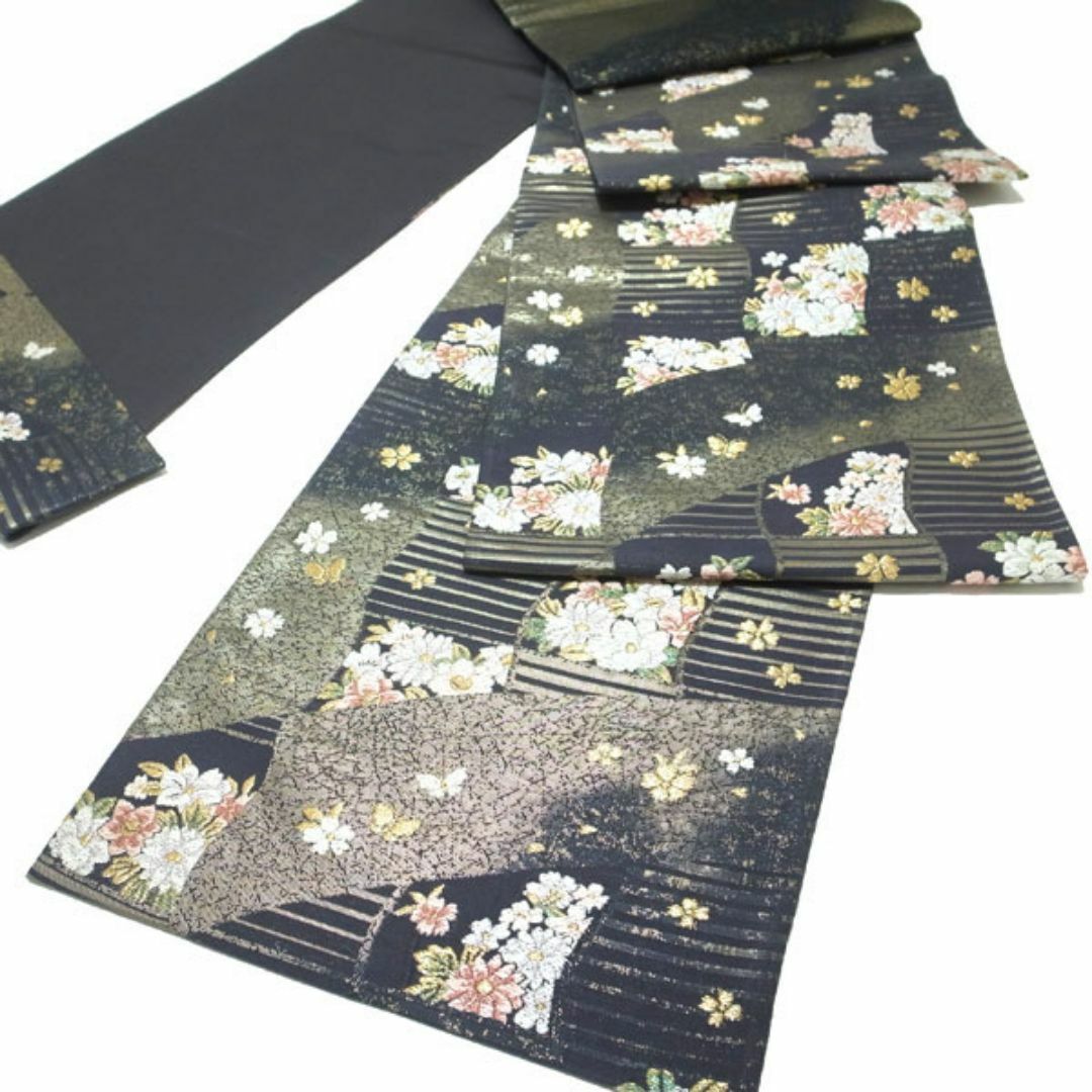 西陣 - 袋帯 京都 西陣 金銀ラメ糸 淡黒地 四季の花 フォーマル 西陣 - 袋帯 京都 西陣 金銀ラメ糸 淡黒地 四季の花 フォーマル