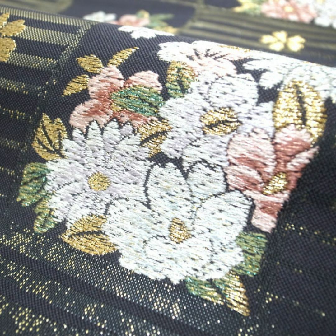 西陣 - 袋帯 京都 西陣 金銀ラメ糸 淡黒地 四季の花 フォーマル 西陣 - 袋帯 京都 西陣 金銀ラメ糸 淡黒地 四季の花 フォーマル